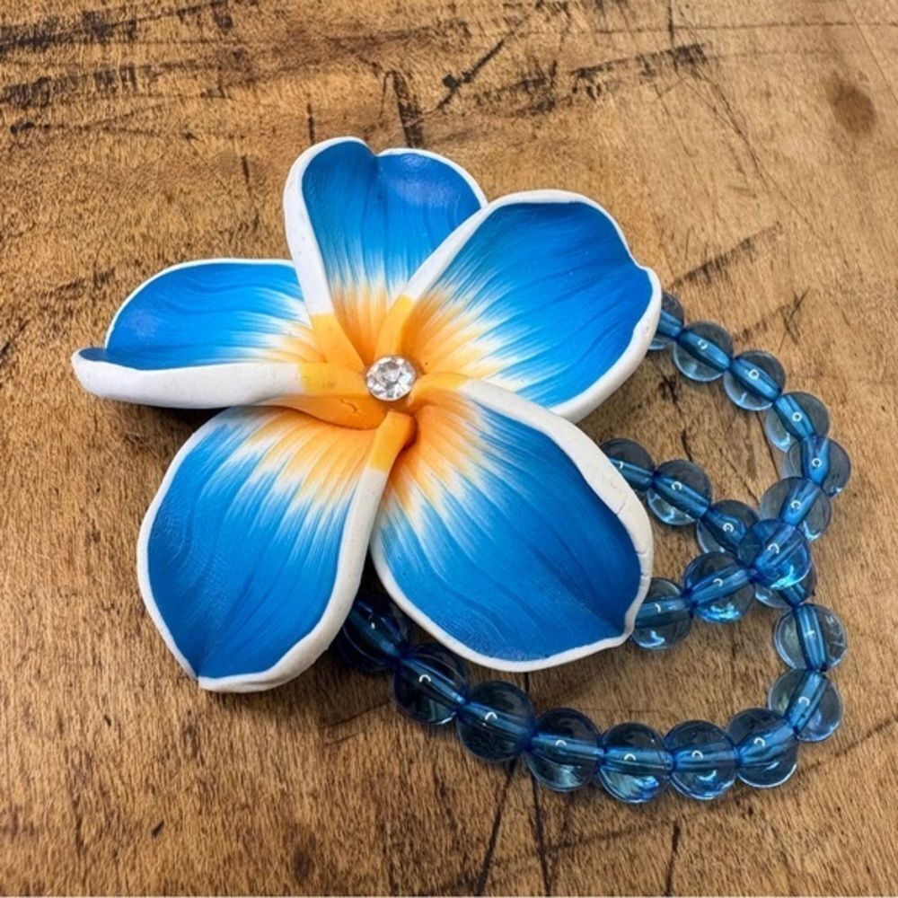 Vibrant Blue Orange Hawaiian Plumeria Flower Bracelet or Hair Piece Beach Artsy